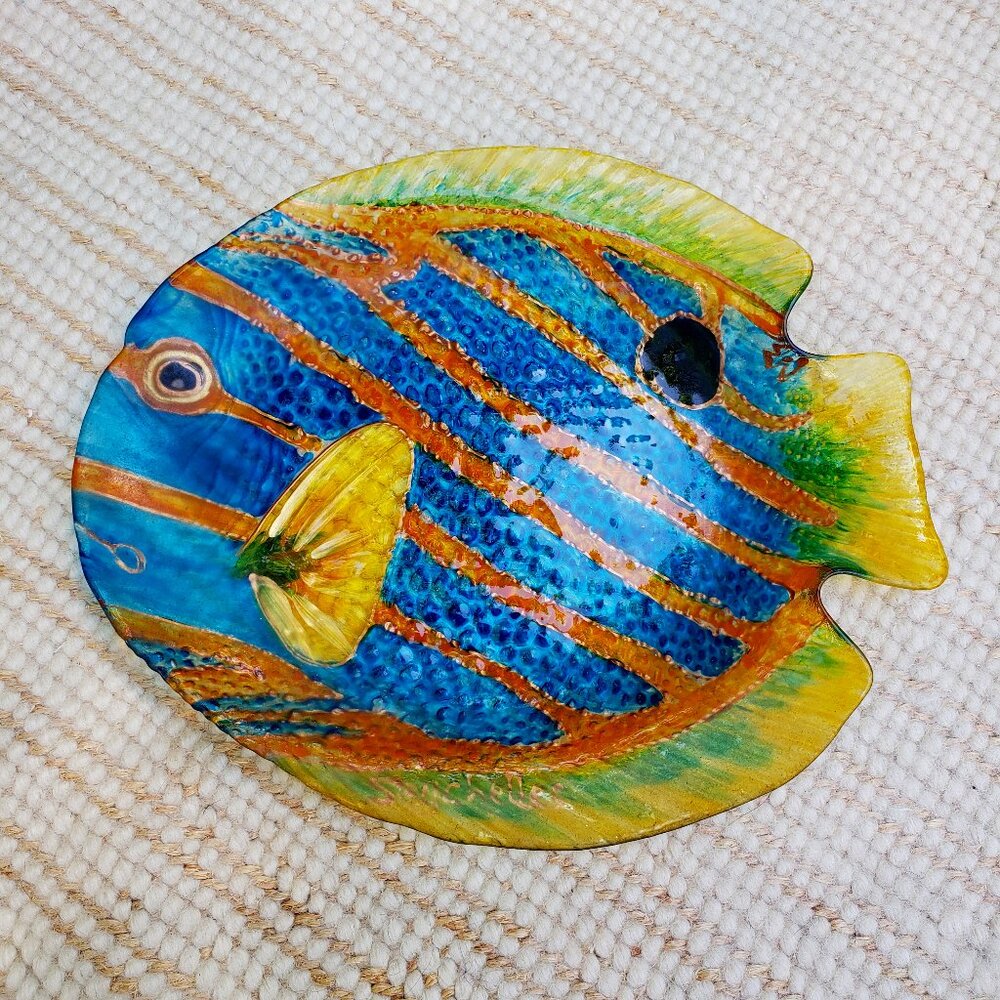 Vintage Arcoroc France coloured bubble glass fish poisson plate